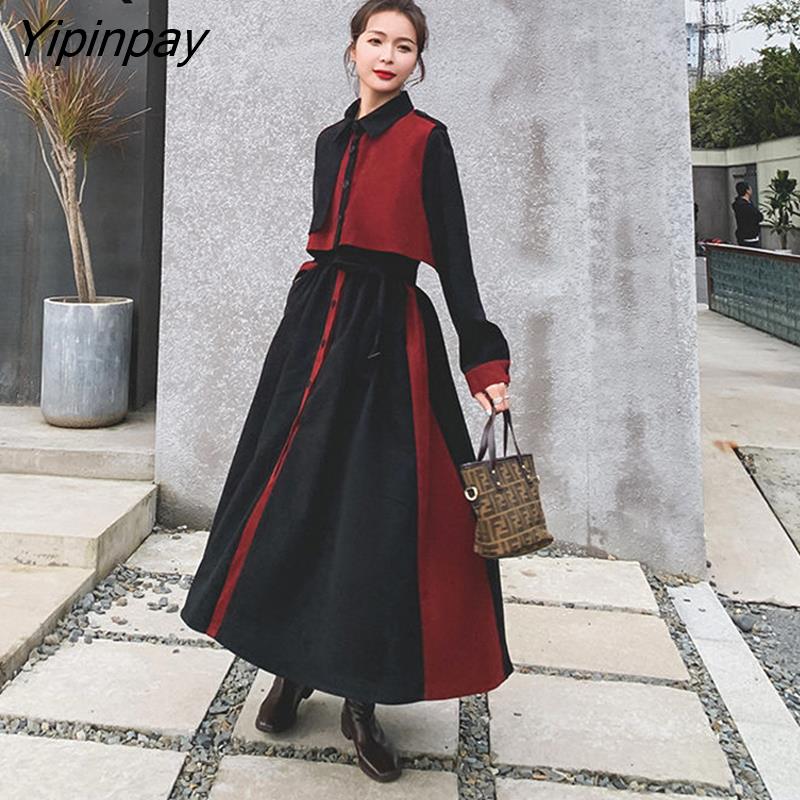 Yipinpay Spring Korean Women Maxi Dress Vintage Patchwork Button Up Turn Down Collar Shirt Dress Plus Size Detachable Shawl Robe