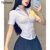 Yipinpay 2023 Summer Sexy Slim Short Sleeve White Shirt Women Button Tie Ladies Blouse Office Cosplay New In Female Clothing Tops