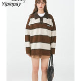 Yipinpay 2023 Winter Vintage Striped Turn Down Collar Mohair Women Sweater Korea Style Oversize Long Sleeve Polo Pullovers Tops