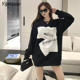 Yipinpay 2023 Winter Korean Style Oversize Letter Print Women Sweatshirt Streetwear O Neck Long Sleeve Ladies Hoodies Female Tops