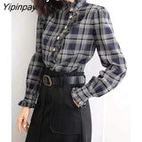Yipinpay 2023 Summer Elegant Long Sleeve Ruffles Work Shirt Women Office Lady Button Up Plaid Shirt Blouse Casual Female Clothes