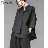 Yipinpay 2023 Summer New Half Sleeve Oversize Gothic Shirt Women Y2K Asymmetrical Black Button Ladies Blouse Street Clothing Tops
