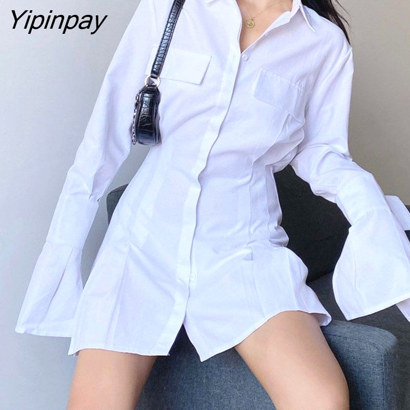 Yipinpay 2023 Spring Minimalist Full Sleeve Women Long Shirt Korea Style Button Up Solid Color Slim Woman Blouse Female Tops