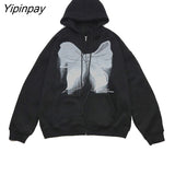 Yipinpay Fashion Oversized Butterfly Rosette Graphic Bow-Knot Zip Up Hoodies E-girl 90s Streetwear Bow Grey Long Jacket Autumn