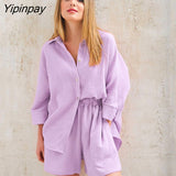 Yipinpay Two Piece Shirt Set Women Loose Blouses Cardigan Tops And Shorts High Waist 2023 Spring Summer Baggy Shirts Outfits Sets