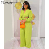Yipinpay Sexy Pleated Navel-less Hanging Neck Jumpsuit Fashion Long Sleeve Wide Leg Trousers Sets 2023 Spring Female Elegant Outfit