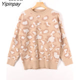 Yipinpay Leopard Print Knit Sweater Female Jumpers Warm Tops Pull Femme Streetwear Blue Khaki Knitted Sweaters For Women Pullovers