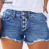 Yipinpay Cotton Ripped Button Up Stretch Jeans Shorts Women With Pockets Wash Distressed Low Waist Sexy Hole Skinny Denim Shorts