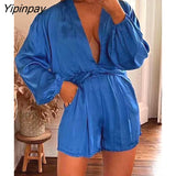 Yipinpay Solid Two Piece Suits Women Casual V Neck Short Sleeve Shirt And Lace Up straight Shorts Sets 2023 Summer female Outfits