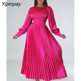 Yipinpay Satin Pleated Maxi Dress For Women Fashion O-neck Lantern Long Sleeve High Waist Lady Dress 2023 Summer Female Streetwear