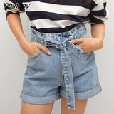 Yipinpay Cotton Curly Denim Shorts Women With Belts Pockets 2023 Summer Streetwear Blue Drawstring High Waisted Sexy Jean Shorts
