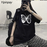 Yipinpay Cartoon butterfly Print plus Loose Black Women T shirt Clothing short sleeve tops punk dropshipping vintage product