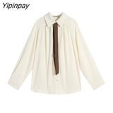 Yipinpay 2023 Spring Minimalist Oversize Long Sleeve Tie Shirt Women New In Loose Button Up Solid Ladies Tunic Blouse Female Tops