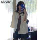 Yipinpay 2023 Autumn Office Lady Long Sleeve Tie Shirt Women Korean Style Button Up Loose Tunic Blouse Work Female Clothing Tops