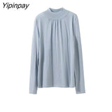 Yipinpay 2023 Winter Korean Style Long Sleeve Slim Sweater Women Office Lady Half High Collar Ruched Pullover Work Female Tops