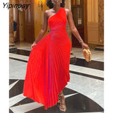 Yipinpay Hollow Out Pleated Dress Women Fashion Sleeveless Diagonal Collar A Line Dresses 2023 Summer Party Prom Evening Vestidos