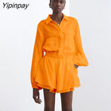 Yipinpay Linen Two Piece Baggy Shirts Set Women Loose Blouse Tops And Shorts High Waist Streetwear 2023 Summer White Outfits Sets
