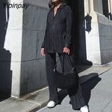 Yipinpay Piece Pleated Shirt Set Sexy Blouse Tops And Wide Leg Pants Women High Waist 2023 Autumn Long Sleeve Loose Outfits Pant Sets