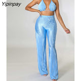 Yipinpay Long Sleeve Shirts With Bra Sets Woman Two Pieces Set Solid Pleated Trouser Suits Female Fashion Straight Pants Outfits