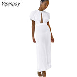 Yipinpay Hollow Out Pleated Dress For Women Fashion Flare Sleeve Backless A Line Dresses Spring O Neck Office Lady Solid Robe
