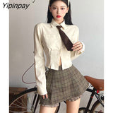 Yipinpay 2023 Spring Sweet JK Long Sleeve Shirt Women Korea Style Slim Button Up Tie Ladies Crop Top Blouse Autumn Female Clothing