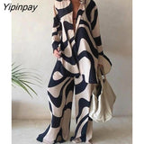 Yipinpay Casual Printed Long Sleeve Shirt Two Pieces Set 2023 Summer Loose High Waist Straight Trouser Suits Female Fashion Outfits 0406
