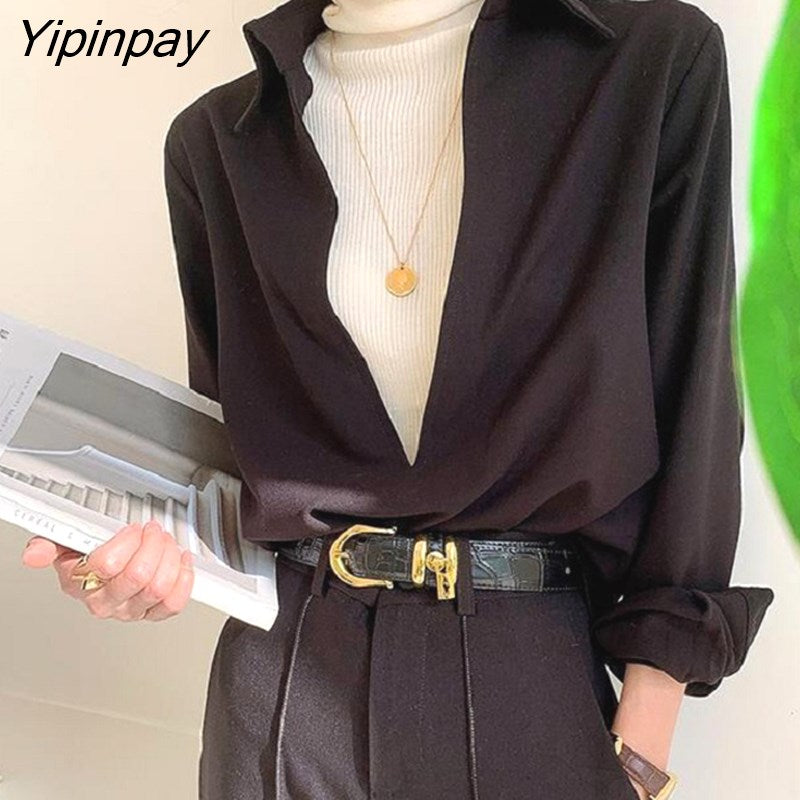 Yipinpay Spring Korean style White Women Blouse Long Sleeve Turn Down Collar Solid Color Female Tunic Shirt Office Ladies Tops Tunic