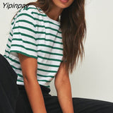 Yipinpay Summer Striped T Shirt Women Loose Top New 2023 Casual All Match Basic Tees O Neck Baggy Tshirt Streetwear Cotton Tops