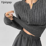 Yipinpay 2023 Winter Korean Style Long Sleeve V Neck Sweater Women Minimalist Slim Crop Tops Ladies Knit Pullovers Female Clothing