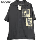 Yipinpay 2023 Summer Y2k Short Sleeve Shirt Women Patch Designs Button Up Loose Blouse Tunic Gothic Streetwear Female Clothing Top