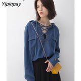 Yipinpay Street Style Long Sleeve Denim Hooded Shirt Women Loose Bandage Pocket Pullover Blouse 2023 Summer Female Clothing Tops