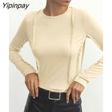 Yipinpay Women Line Decoration Solid T-shirts Casual Fashion O-Neck Long Sleeve Slim Soft Tops 2023 Ladies Elegant Clothing Basic Tees