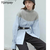 Yipinpay Winter Office Lady Long Sleeve Patchwork Knit Women Shirt Loose O Neck Work Blouse Tops 2023 New In Work Female Clothing