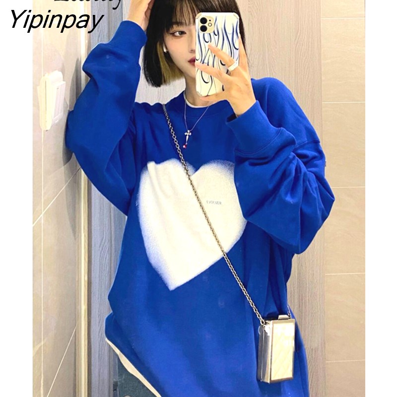 Yipinpay 2023 Winter Streetwear Oversize Heart Print Women Sweatshirt Korean Style O Neck Long Sleeve Ladies Hoodies Female Tops