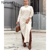 Yipinpay Women Thick Warm Side Slit Maxi Knit Dress Female Elegant  Long Sleeve Turtleneck Sweater Dresses 2023 Spring Solid Ribbed Robe