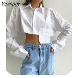 Yipinpay Spring New In Streetwear Asymmetrical Women Shirt Y2K Long Sleeve Pocket Button Up Woman Crop Tops 2023 Blouse Clothing