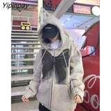 Yipinpay Fashion Oversized Butterfly Rosette Graphic Bow-Knot Zip Up Hoodies E-girl 90s Streetwear Bow Grey Long Jacket Autumn