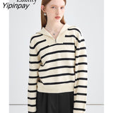 Yipinpay 2023 Winter Office Lady Long Sleeve Striped Knit Sweaters Women Korea Style Zipper Turn Down Collar Pullovers Female Tops