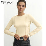 Yipinpay Women Line Decoration Solid T-shirts Casual Fashion O-Neck Long Sleeve Slim Soft Tops 2023 Ladies Elegant Clothing Basic Tees