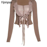 Yipinpay 2023 Summer Y2K Long Sleeve Ruffles Women Shirt Button Up Patchwork Slim Ladies Crop Tops Blouse Party Female Clothing