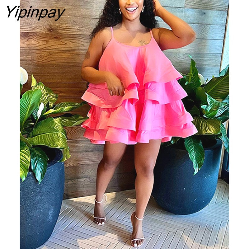 Yipinpay Women Spaghetti Strap Tierred Big Swing Mini Dress 2023 Party Evening Sleeveless Dresses Female High Street Ball Gown Vestidos