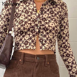 Yipinpay 90s Floral Print Brown Shirts Y2K Streetwear Turn-Down Collar Buttons Long Sleeve Crop Tops 2023 Summer Blouses