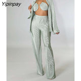 Yipinpay Long Sleeve Shirts With Bra Sets Woman Two Pieces Set Solid Pleated Trouser Suits Female Fashion Straight Pants Outfits