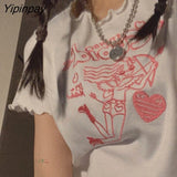 Yipinpay Women Tshirt Sexy Crop Top Tees Angel Print Y2k Tops Harajuku Kawaii Summer Short Sleeve 90s Streetwear Vintage Female Clothing