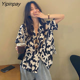 Yipinpay Floral Printing Button Up Women Shirt Oversize Short Sleeve Office Lady Womens Blouse 2023 Summer Loose Female Shirts