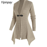 Yipinpay Knit Asymmetrical Long Cardigan Women Sweater Female Casual Solid V-Neck Long Sleeve Winter Cardigans