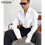 Yipinpay 2023 Spring Streetwear Long Sleeve Shrug Women White Shirt Minimalist Button Up Bandage Woman Crop Tops Blouse Clothing