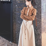 Yipinpay 2023 Spring Office Lady Long Sleeve Fake Two Pieces Work Maxi Dress Women Patchwork Sashes Shirt Dresses Free Shipping