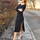 Yipinpay Cotton Bodycon Slit Dress For Women Spring 2023 Streetwear Long Sleeve O Neck Emerald Green Stretchy Sexy Midi Dresses