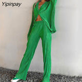 Yipinpay Piece Pleated Shirt Set Sexy Blouse Tops And Wide Leg Pants Women High Waist 2023 Autumn Long Sleeve Loose Outfits Pant Sets